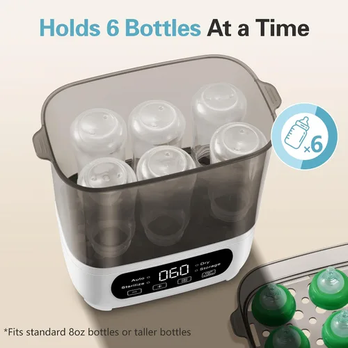 Vista 6 de AMZBABYCHEF Vaporizador y secadora de biberones 4 en 1, vaporizador eléctrico con secado rápido, ajuste universal para todas las botellas, pantalla
