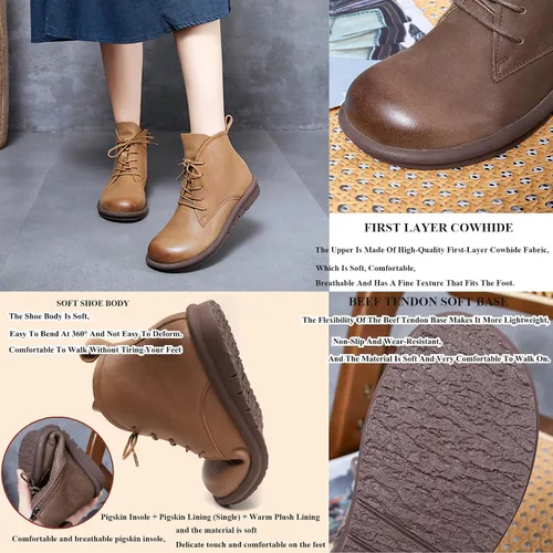 Vista 2 de AUNTHUI Botines de cuero genuino para mujer, botas cortas planas con punta redonda, cómodas y suaves, con cremallera lateral, botas casuales retro