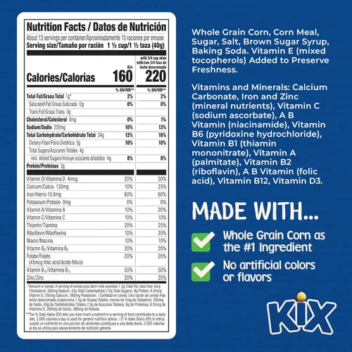 Vista 2 de Kix Cereal de desayuno de grano entero, bolitas de cereal de maíz crujientes, tamaño familiar, 18 oz