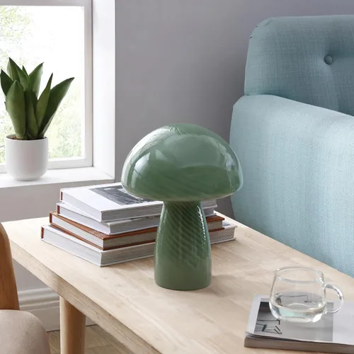 Vista 6 de Urban Lifestyle lámpara de mesa de hongo de vidrio rayado verde de 12" moderna y retro, lámpara de mesa para decoración de dormitorio, sala de estar