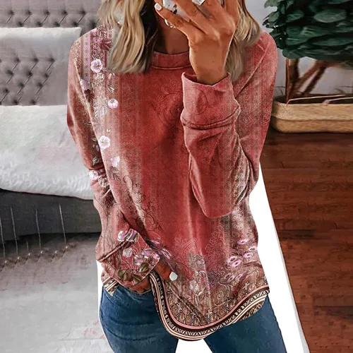 Vista 2 de Camisas de manga larga para mujer, estilo casual, holgadas, cuello redondo, para primavera, a la moda, básicas, para llevar con leggings