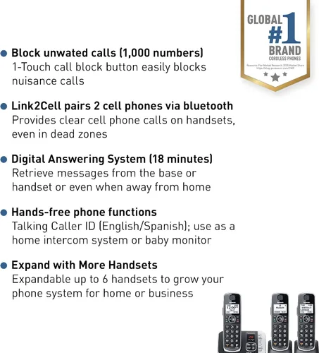 Vista 2 de Panasonic Link2Cell - Sistema de teléfono inalámbrico expandible Bluetooth DECT 6.0 con contestador automático y bloqueo de llamadas - 3 auriculares