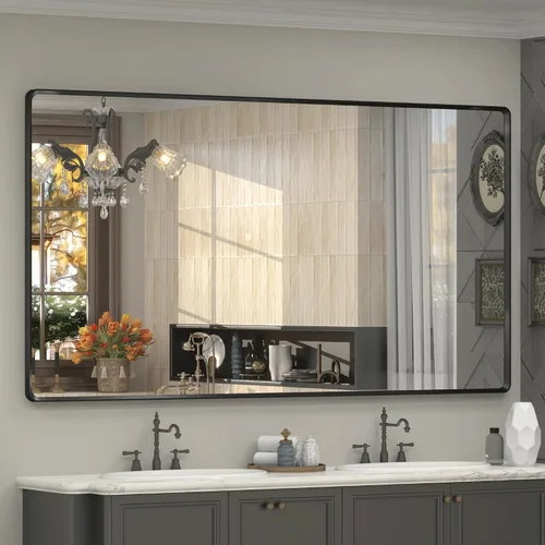 Vista 35 de Espejo rectangular con marco mate negro de 20x30 pulgadas para baño, espejo de tocador para pared de baño con esquinas redondeadas, antióxido y a