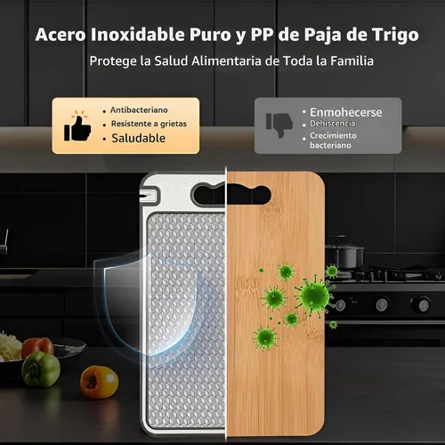 Vista 5 de Tabla de cortar de acero inoxidable de doble cara, tabla de cortar de grado alimenticio 304 con malla resistente a los arañazos, ranura para jugos