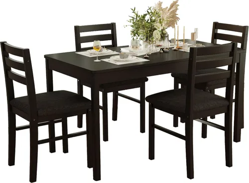 Vista 7 de Juego de Mesa de Comedor Rectangular Moderna de Madera Maciza de Interior de 5 Piezas para 4, Mesa y 4 Sillas con Cojines Suaves para Cocina, Bar