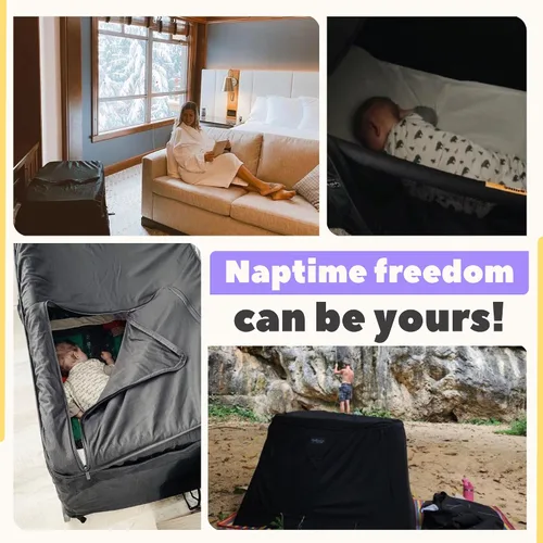 Vista 5 de Corral con capota SnoozeShade malla respirable y sombra para dormir Blackout canopy blocks up to 94% of light for naps anywhere. Fits pack n