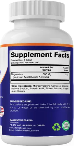 Vista 8 de Vitamatic Magnesio quelatado de 300 mg (por 1 tableta) – 180 tabletas – como quelato de aminoácidos y óxido – Apoya la salud muscular, nerviosa