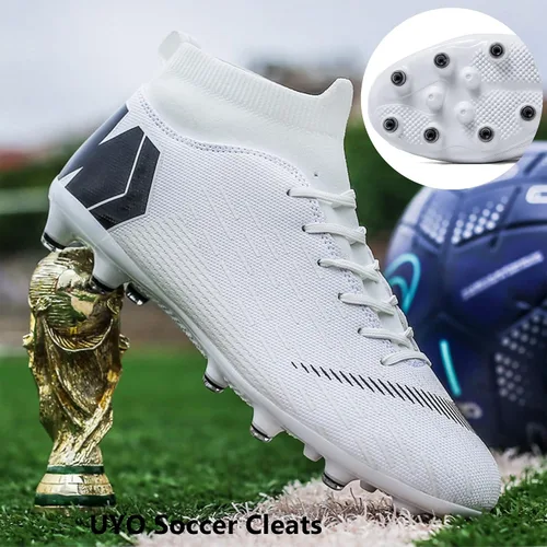Vista 9 de UYO Tacos de fútbol para hombre con picos antideslizantes altos, tobillos, para interiores y exteriores, césped firme para césped atlético, zapatos