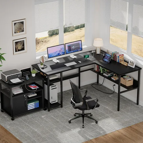 Vista 8 de Unikito Escritorio reversible en forma de L con tomas de corriente mágicas y puertos de carga USB, escritorio de esquina resistente para computadora