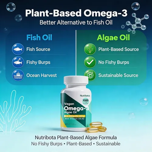 Vista 3 de Suplemento de aceite de algas omega-3 vegano con DHA 300 mg y EPA 150 mg, Omega-3 a base de plantas con vitamina D3 y K2, cápsulas blandas de aceite