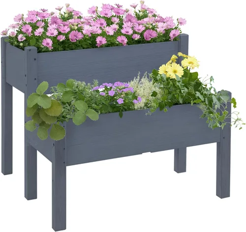 Vista 10 de Outsunny - Jardinera elevada de madera con estante de almacenamiento, orificios de drenaje y forro para el patio trasero, la terraza, el balcón, 47
