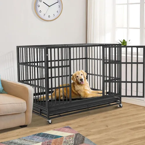 Vista 2 de KOKOTANGS Jaula de 38 pulgadas para perros grandes, perrera de acero indestructible a prueba de escape con ruedas para perros de alta ansiedad