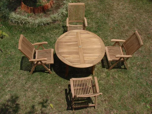 Vista 3 de 5 pieza grade-a – Conjunto de comedor 52" de madera de teca mesa redonda y 4 sillas de Marley Brazo reclinables # wfdsmr2