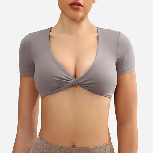 Vista 2 de YEOREO Kyla Workout Crop Tops for Women Short Sleeve Twist Front Crop Tank Top Padded Sports Bra Casual Shirts