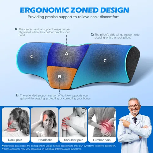 Vista 2 de Almohada cervical cervical para dormir, almohada cervical para aliviar el dolor de cuello, diseño ergonómico con soporte de columna cervical.