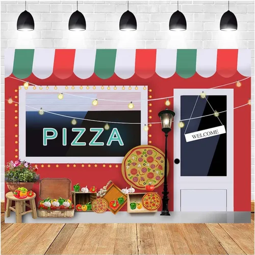 Vista 4 de Fondo de fotografía de pizzería 1er cumpleaños, decoración de fiesta de pizza, telón de fondo para niñas y niños, tema de cocina, fondo de fiesta