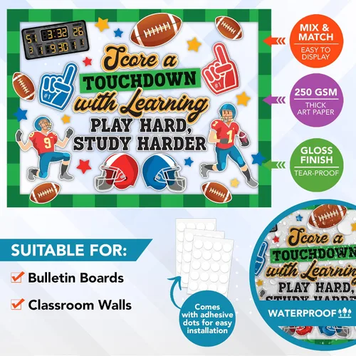 Vista 2 de Decorably Juego de 80 piezas de decoración de tablero de anuncios de fútbol deportivo inspirador con bordes, cartulina laminada brillante para aula
