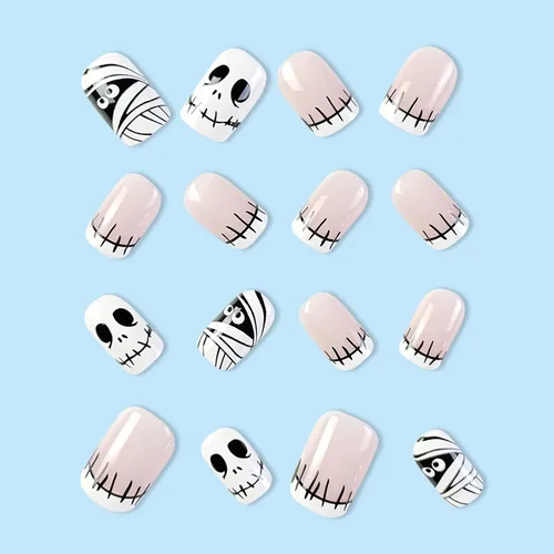 Vista 4 de Uñas postizas de punta francesa para Halloween, uñas postizas cortas cuadradas con diseños de parches de calavera, cobertura completa, uñas postizas