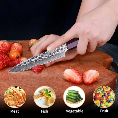 Vista 5 de Cuchillo de cocina multiusos de 5 pulgadas con funda de ABS, cuchillo mondador japonés multiusos, hoja de acero de Damasco, mango octogonal