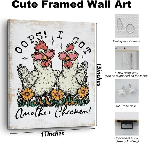 Vista 2 de Divertida decoración de pared en lienzo con diseño de pollo, diseño de pollo, bonito póster con marco de gallina floral campestre, pintura artística