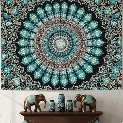 Vista 29 de Accnicc Tapiz bohemio con mandala floral para dormitorio, tapiz de pared con flores bohemias, pequeño, acuarela, azul, blanco, hippie, indio
