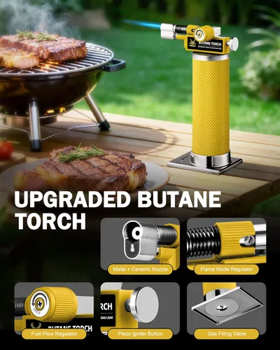 Vista 6 de RAVS Encendedor de butano con 2 modos de llama, soplete de cocina recargable con llama ajustable y hebilla de seguridad, antorcha de joyería Amarillo