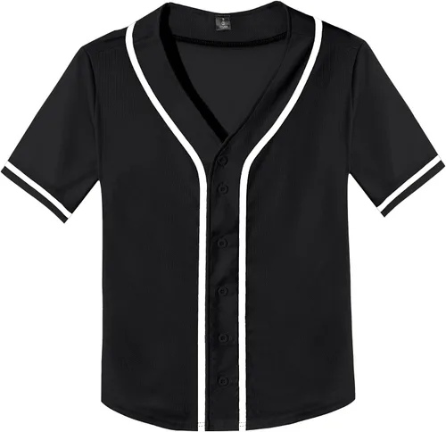 Vista 3 de Camisetas de béisbol para mujer, con botones, cuello en V, para sóftbol, uniforme de equipo, a la moda, simple, con rayas anchas, manga corta