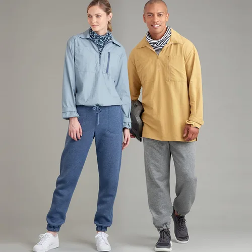 Vista 4 de Simplicity Paquete de tops con media cremallera para hombre y mujer, cuello y pantalones sin cierre, patrón de costura código 9278, tallas XS-M