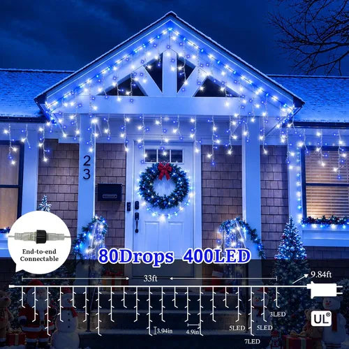 Vista 3 de Luces de carámbano azules y blancas para exteriores, tira de 400 luces LED de 33 pies para interiores, 8 modos conectables, luz de Navidad de Azul