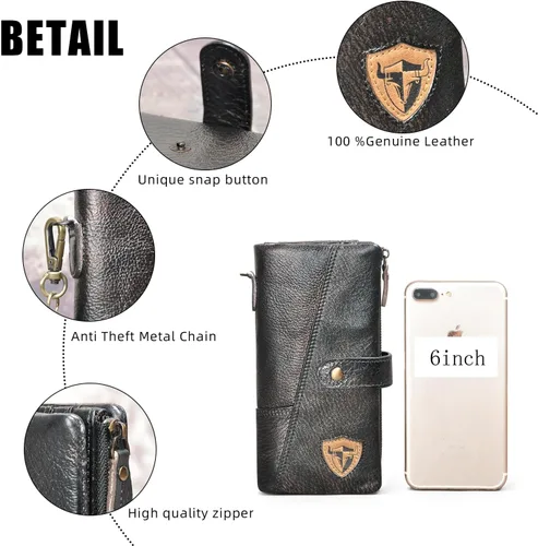 Vista 6 de Handadsume Genuino caballo loco cuero viaje regalo moneda bolsillo tarjeta caso largo organizador cadena Rfid monedero con broche para hombres