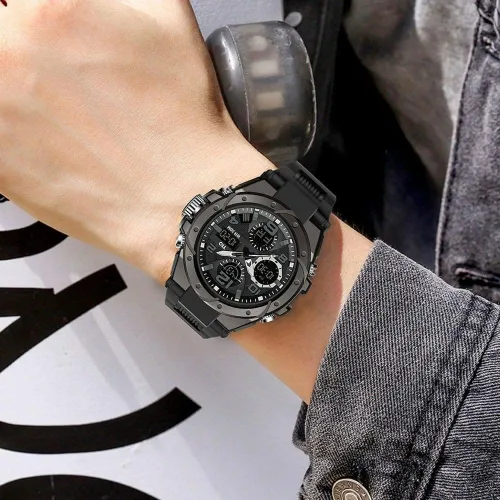 Vista 8 de Reloj para hombre TIO, militar, cronógrafo, digital, deportivo, resistente a los golpes y al agua, 5 ATM, negro, Negro, Deporte, casual, a la moda