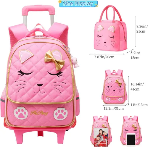Vista 2 de MITOWERMI Mochila con ruedas para niñas, mochila escolar con cara de gato, mochilas con ruedas, equipaje de viaje de mano, A-2 Ruedas