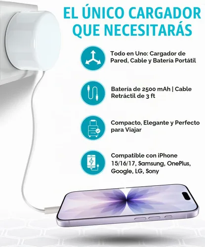 Vista 3 de Cargador de pared con cable retráctil USB-C 4 en 1 y banco