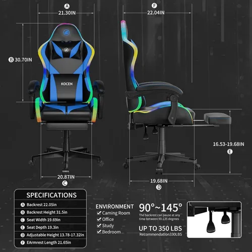 Vista 2 de Sillas de juego para adultos altos y niños, soporte lumbar, luces LED, respaldo alto, silla de computadora reclinable con reposacabezas