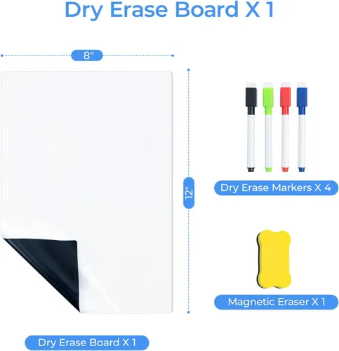 Vista 3 de M&G Pizarra magnética de borrado en seco para refrigerador, pizarra blanca de 12 x 8 pulgadas para cocina, juego de pizarra blanca pequeña con 4