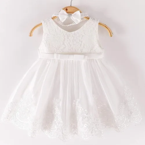 Vista 3 de Vestido de encaje con lazo de flores para bebé, princesa, boda, cumpleaños, concurso, bautismo, bautizo, tutú con gorro