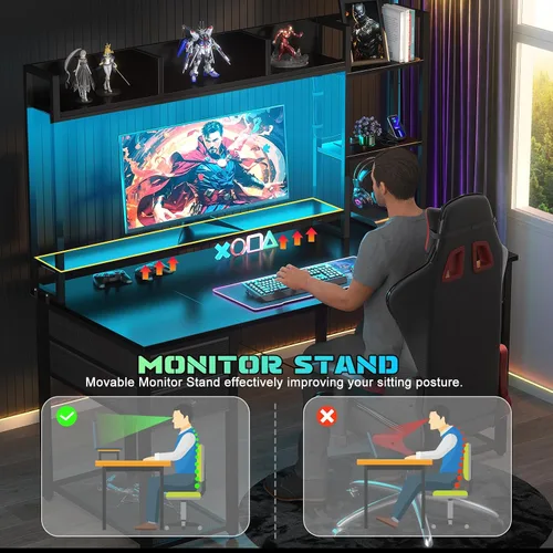 Vista 6 de Aheaplus Escritorio LED para Gaming con Hutch, 47.2'' Estación de Trabajo para Computadora, Negro
