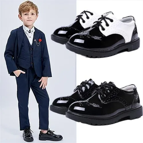Vista 2 de kkdom Zapatos de uniforme escolar para niños y niñas, zapatos con cordones, mocasines cómodos, zapatos de vestir Oxford (niñoniño pequeñoniño grande)