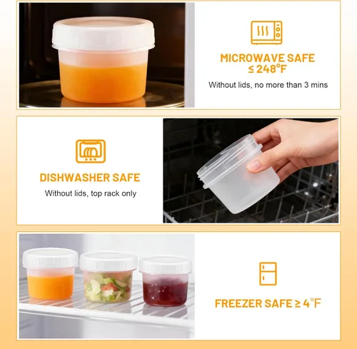 Vista 4 de Paquete de 24 tarros de almacenamiento de alimentos de 4 onzas (4.1 fl oz) con tapas de rosca Reusable Small Refrigerated Jars Plastic Freezer
