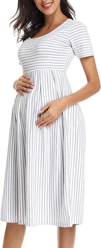 Vista 2 de BBHoping Vestido de maternidad casual a rayas para mujer, manga corta y 34, longitud hasta la rodilla, ropa de embarazo para baby shower