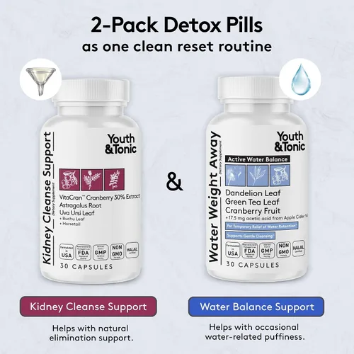 Vista 2 de Youth & Tonic Píldoras diarias de retención de agua para limpiar los riñones, hinchazón y exceso de líquidos corporales y desechos metabólicos, 30 +