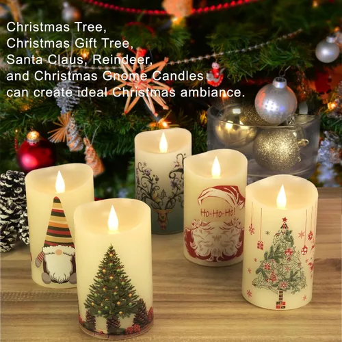 Vista 5 de Velas de Navidad sin llama con control remoto, 7,6 cm x 12,7 cm, Velas parpadeantes de cera real con mecha 3D, pilas, vela de árbol de Navidad Árbol