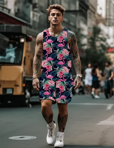 Vista 3 de JoZorro Conjunto de camiseta sin mangas con estampado floral para hombre, camiseta deportiva casual con estampado de lujo, ropa deportiva hawaiana