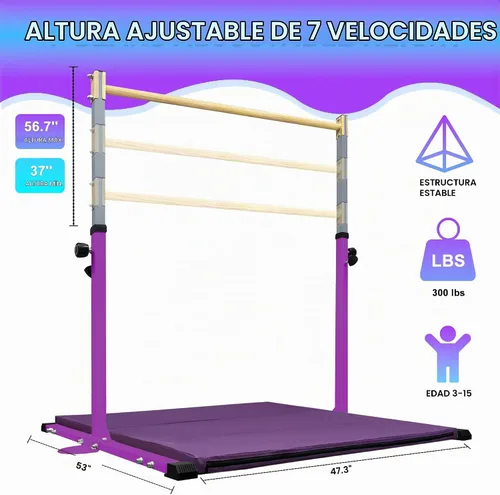 Vista 2 de Adjustable Gymnastics Bar for Kids with Mat - Sturdy Kip Bar with Rings, Horizontal Bar for Home Training, 3'-5' Height, Ages 3-15, 250 LBS Púrpura