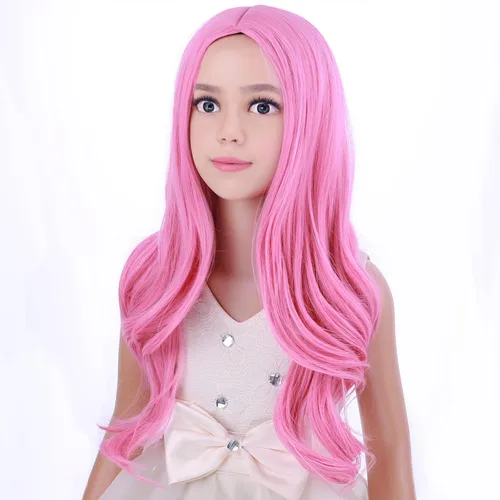 Vista 3 de Peluca larga ondulada rosa para niños, peluca larga y ondulada rosa para niñas, pelucas sintéticas largas con gorra de peluca