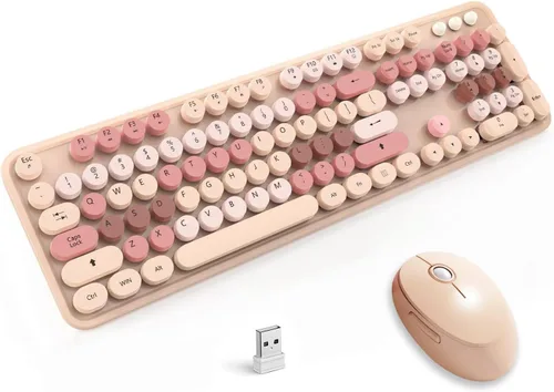 Vista 11 de Combo de teclado y mouse inalámbricos, teclado retro estilo máquina de escribir con teclas redondas, conexión de 2.4 GHz libre de caídas, mouse