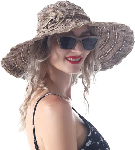 Vista 10 de Sombreros de sol de playa vintage para mujer, sombrero de verano plegable de ala ancha