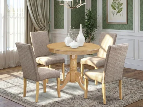 Vista 2 de East West Furniture ANDR5-OAK-16 - Juego de comedor de 5 piezas que incluye una mesa de cocina redonda con pedestal y 4 sillas Parson tapizadas