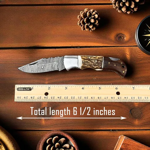 Vista 7 de Cuchillo plegable de bolsillo de acero de Damasco personalizado, regalo personalizado para marido, papá, novio, regalos de padrinos de boda, regalos