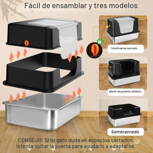 Vista 3 de Vivifying Caja de arena XL para gatos de acero inoxidable con tapa, entrada